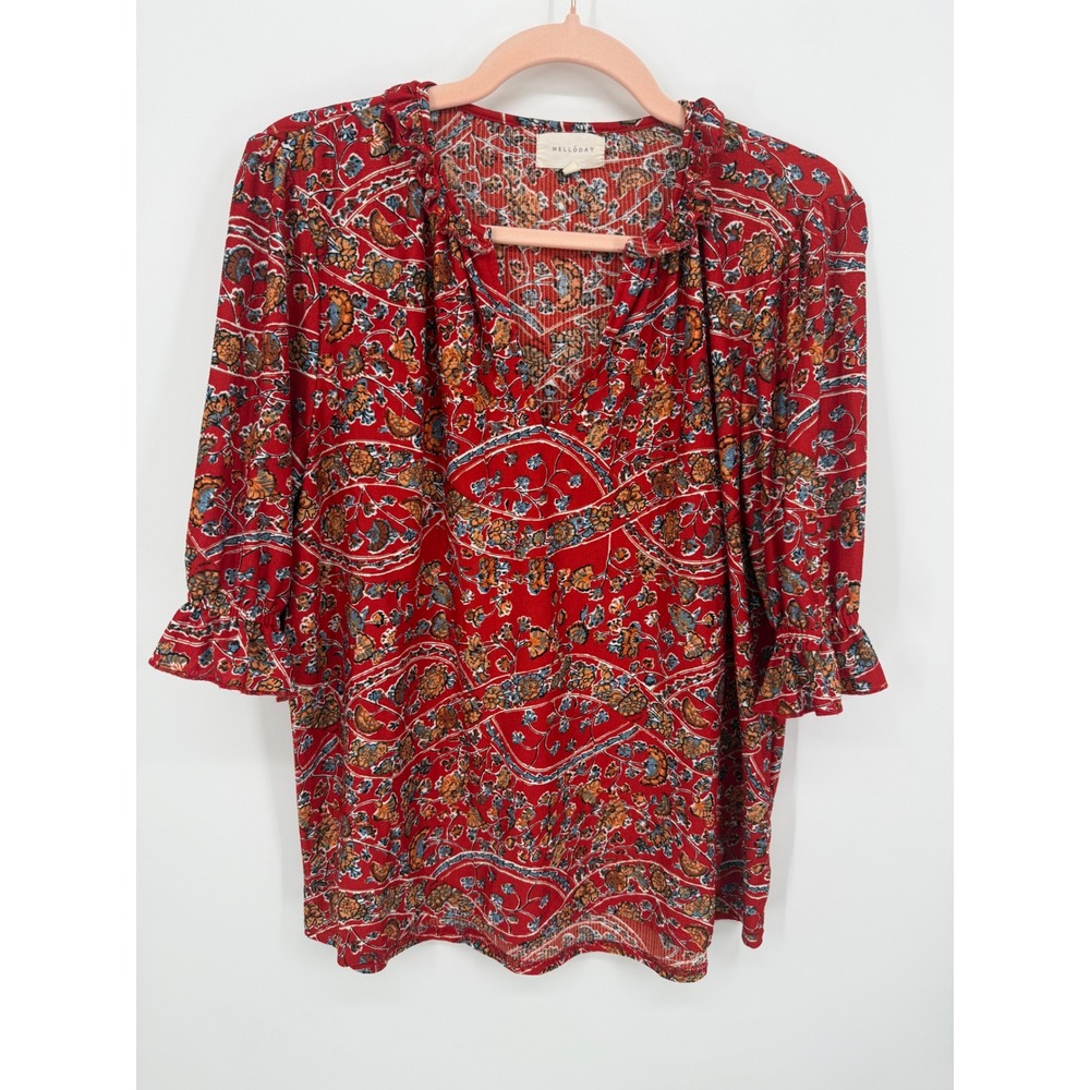 Melloday Floral Paisley Blouse Womens Medium Red Ruffle Neck 3/4 Sleeve Top